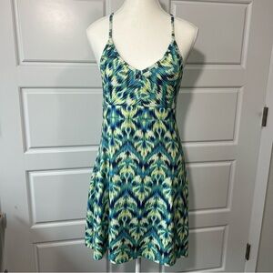 Athleta Ikat Dress V-Neck Sleeveless Casual Sundress Blue Green Yellow‎